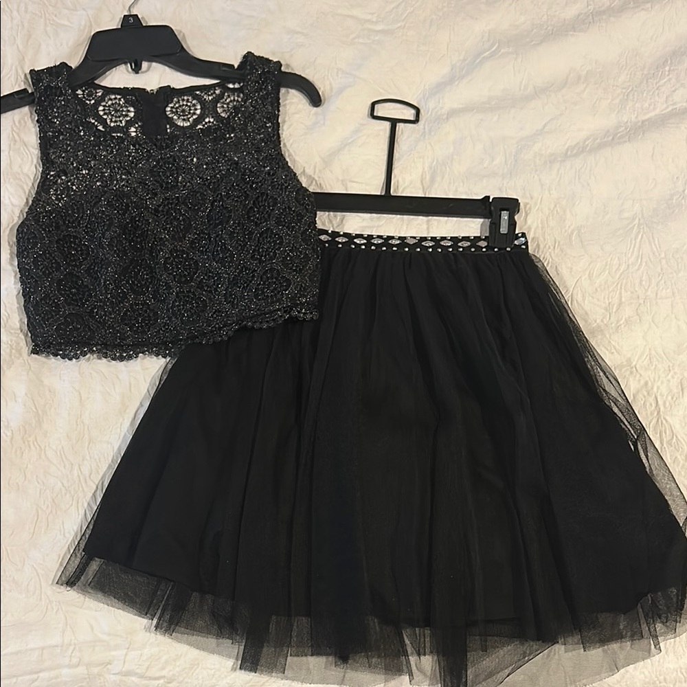 Black Lace Crop Top and Tulle Skirt Set